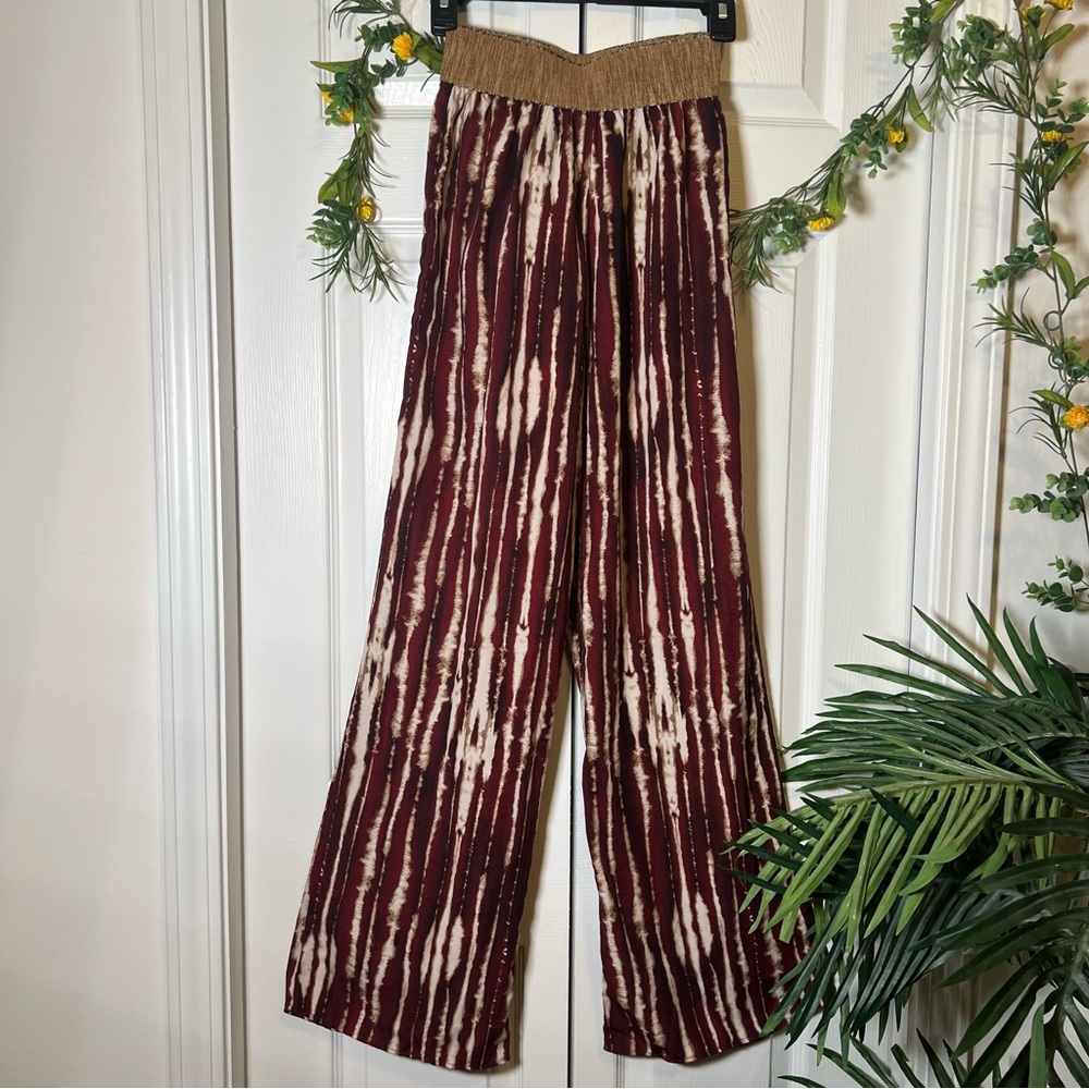Tie Dye Flowy Wide Leg Burgundy & Cream Pants